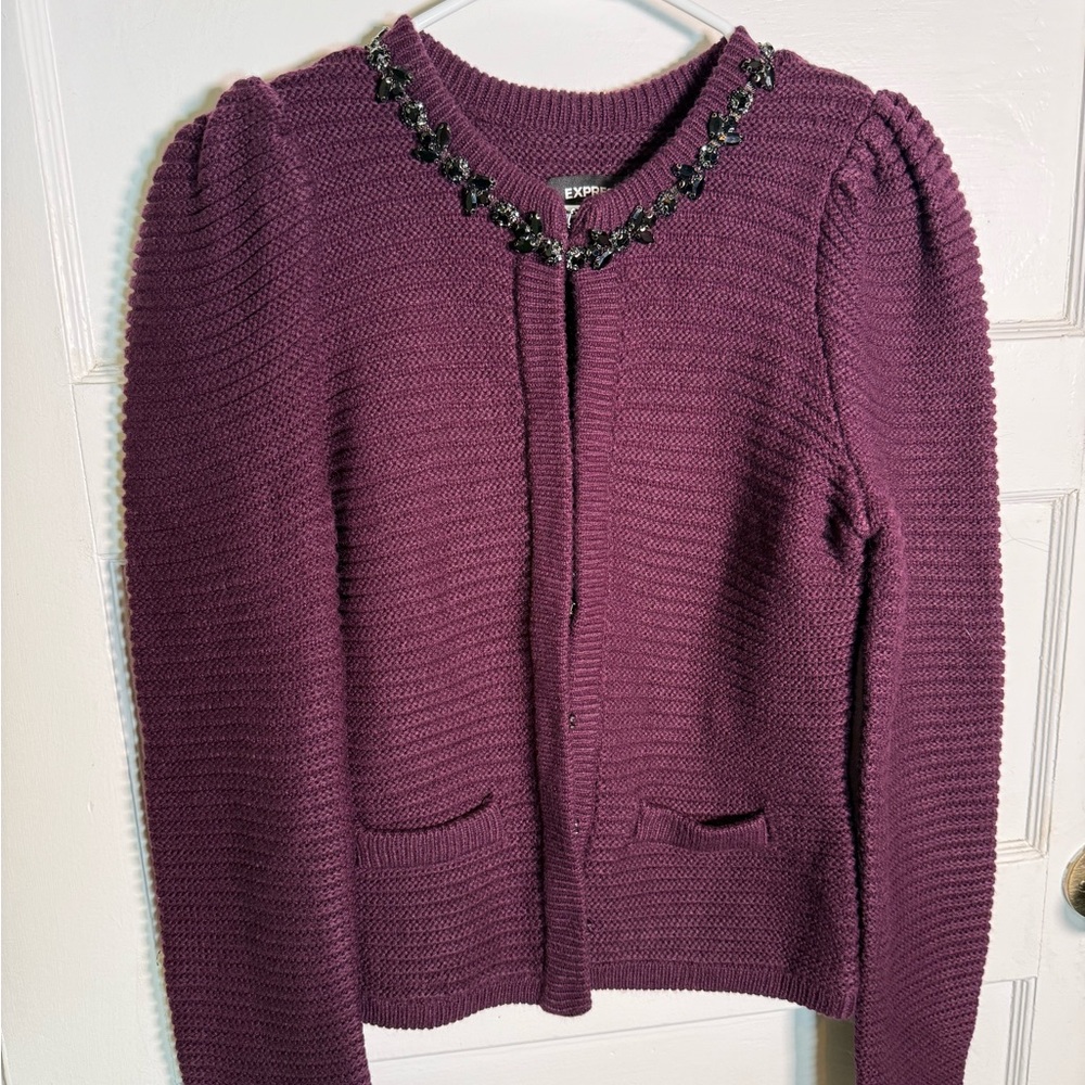 Express Plum Cardigan with Beaded Collar